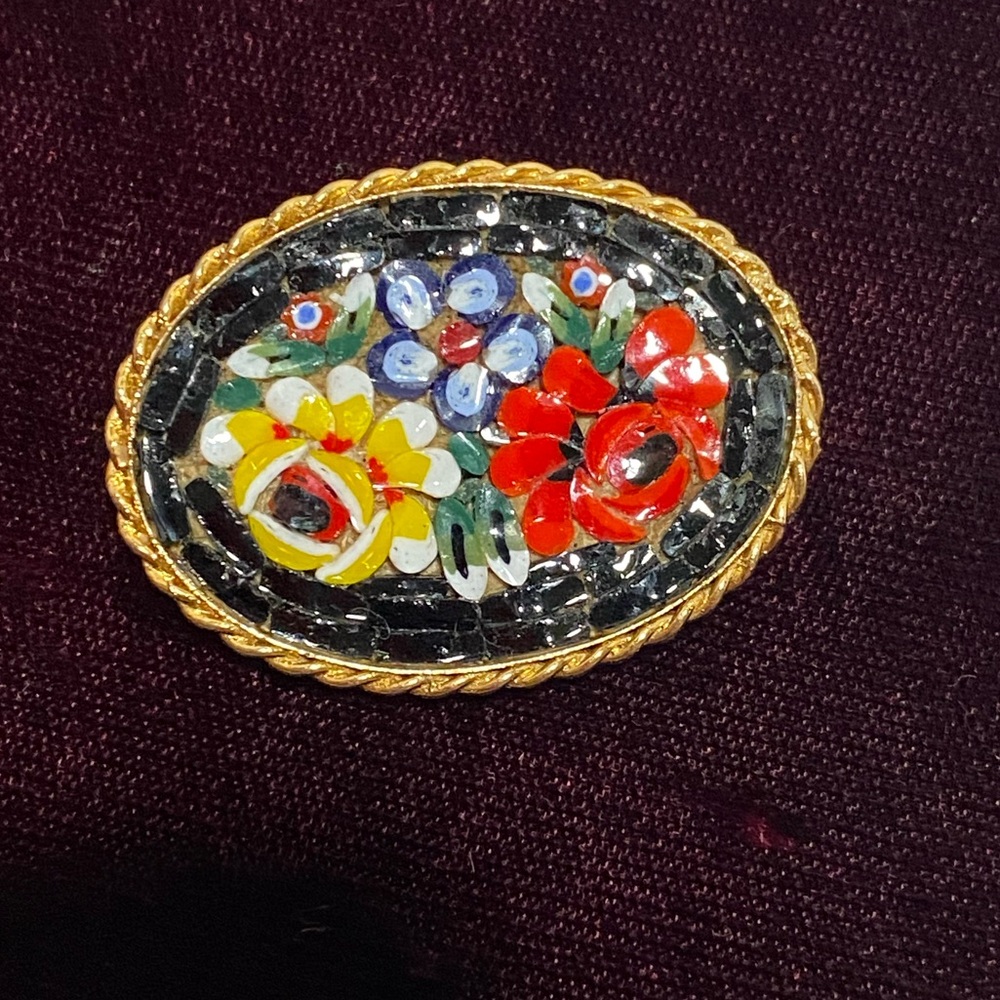 Vintage Floral Micro Mosaic Brooch Colorful Flowers 1.5” Pin